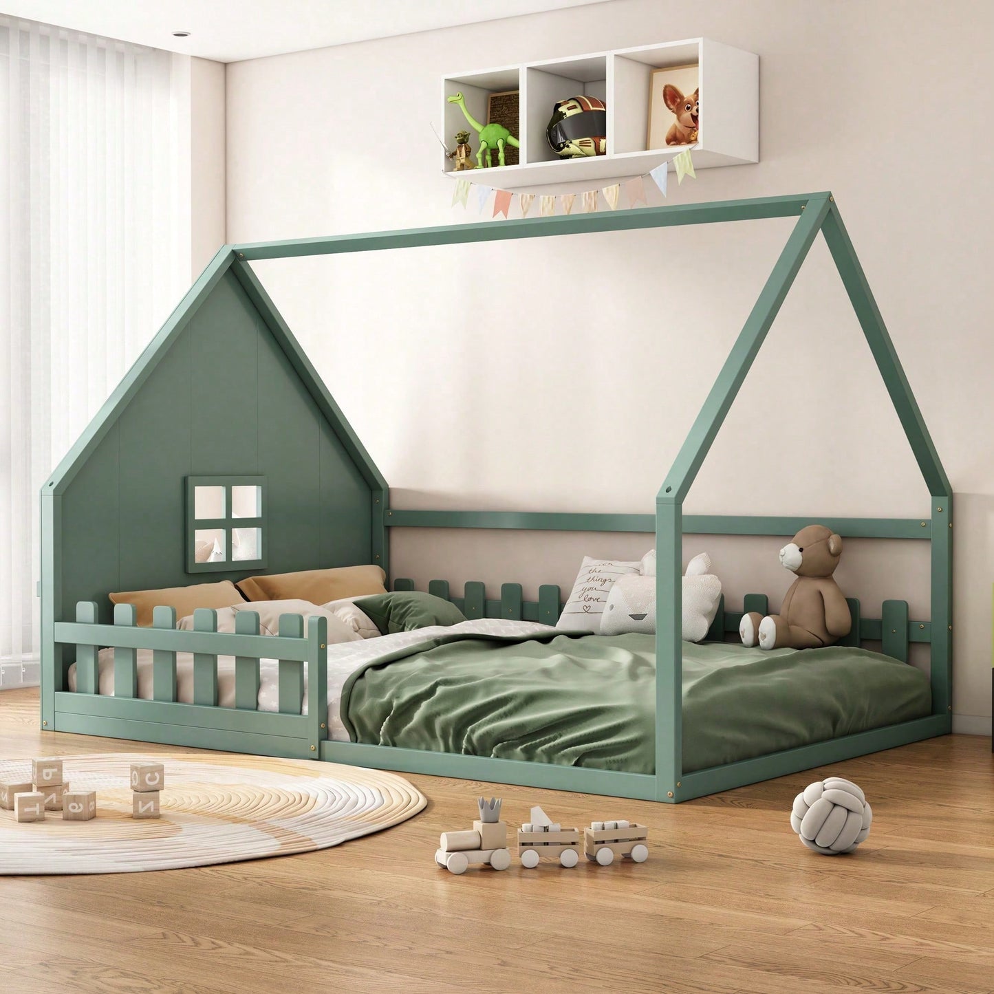 Flachbett, 140*200 cm, Kinderbett, Hausleiste, Geländer, Kiefernholz, Rosa
