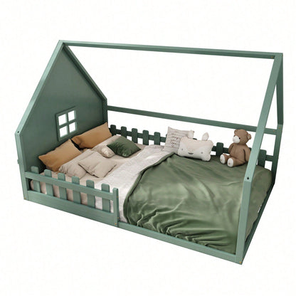Flachbett, 140*200 cm, Kinderbett, Hausleiste, Geländer, Kiefernholz, Rosa