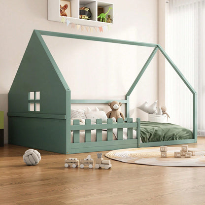 Flachbett, 140*200 cm, Kinderbett, Hausleiste, Geländer, Kiefernholz, Rosa