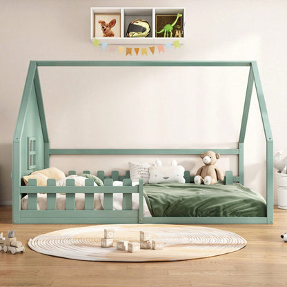 Flachbett, 140*200 cm, Kinderbett, Hausleiste, Geländer, Kiefernholz, Rosa