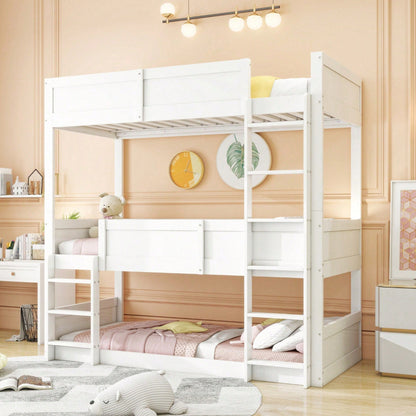 Dreibettzimmerbett 90*200 cm, Massivholzlatten, Hochbett, hohes Zaundesign, Kinderbett, Holzbett, weiß