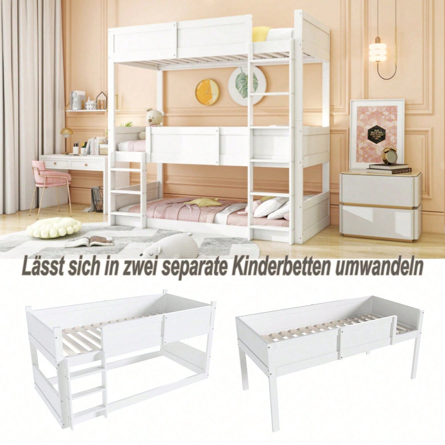 Dreibettzimmerbett 90*200 cm, Massivholzlatten, Hochbett, hohes Zaundesign, Kinderbett, Holzbett, weiß