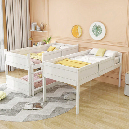 Dreibettzimmerbett 90*200 cm, Massivholzlatten, Hochbett, hohes Zaundesign, Kinderbett, Holzbett, weiß
