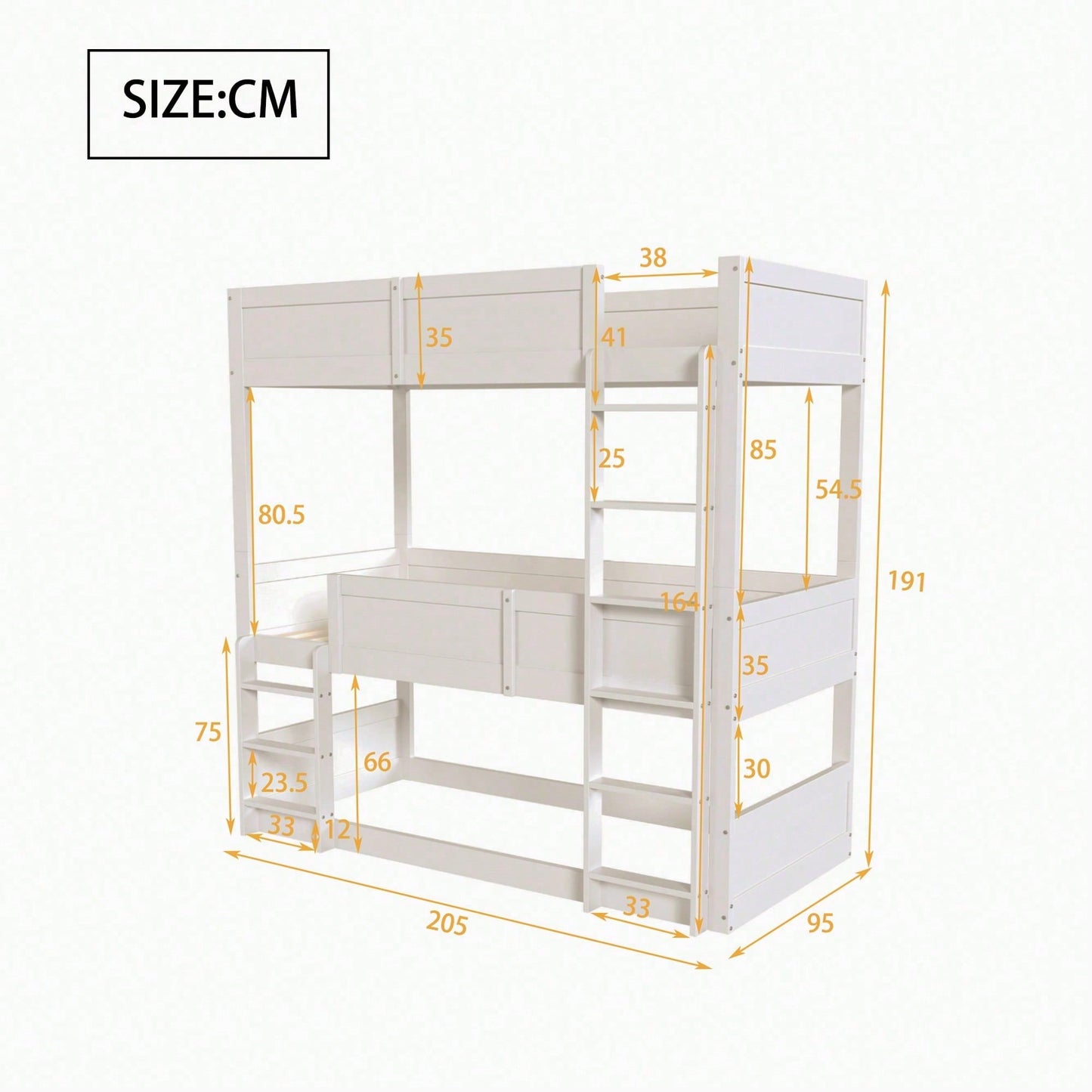 Dreibettzimmerbett 90*200 cm, Massivholzlatten, Hochbett, hohes Zaundesign, Kinderbett, Holzbett, weiß