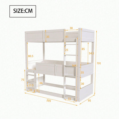 Dreibettzimmerbett 90*200 cm, Massivholzlatten, Hochbett, hohes Zaundesign, Kinderbett, Holzbett, weiß