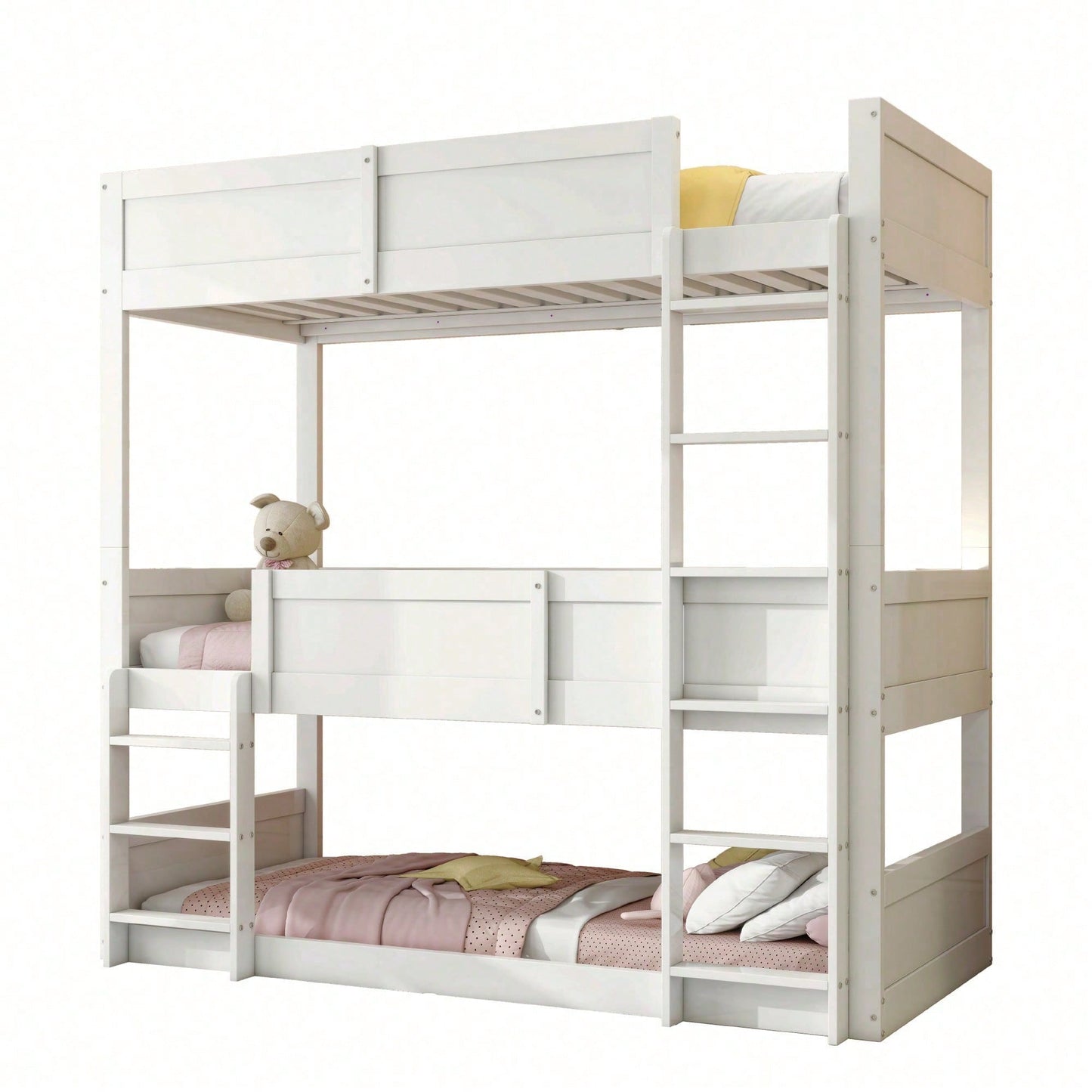 Dreibettzimmerbett 90*200 cm, Massivholzlatten, Hochbett, hohes Zaundesign, Kinderbett, Holzbett, weiß