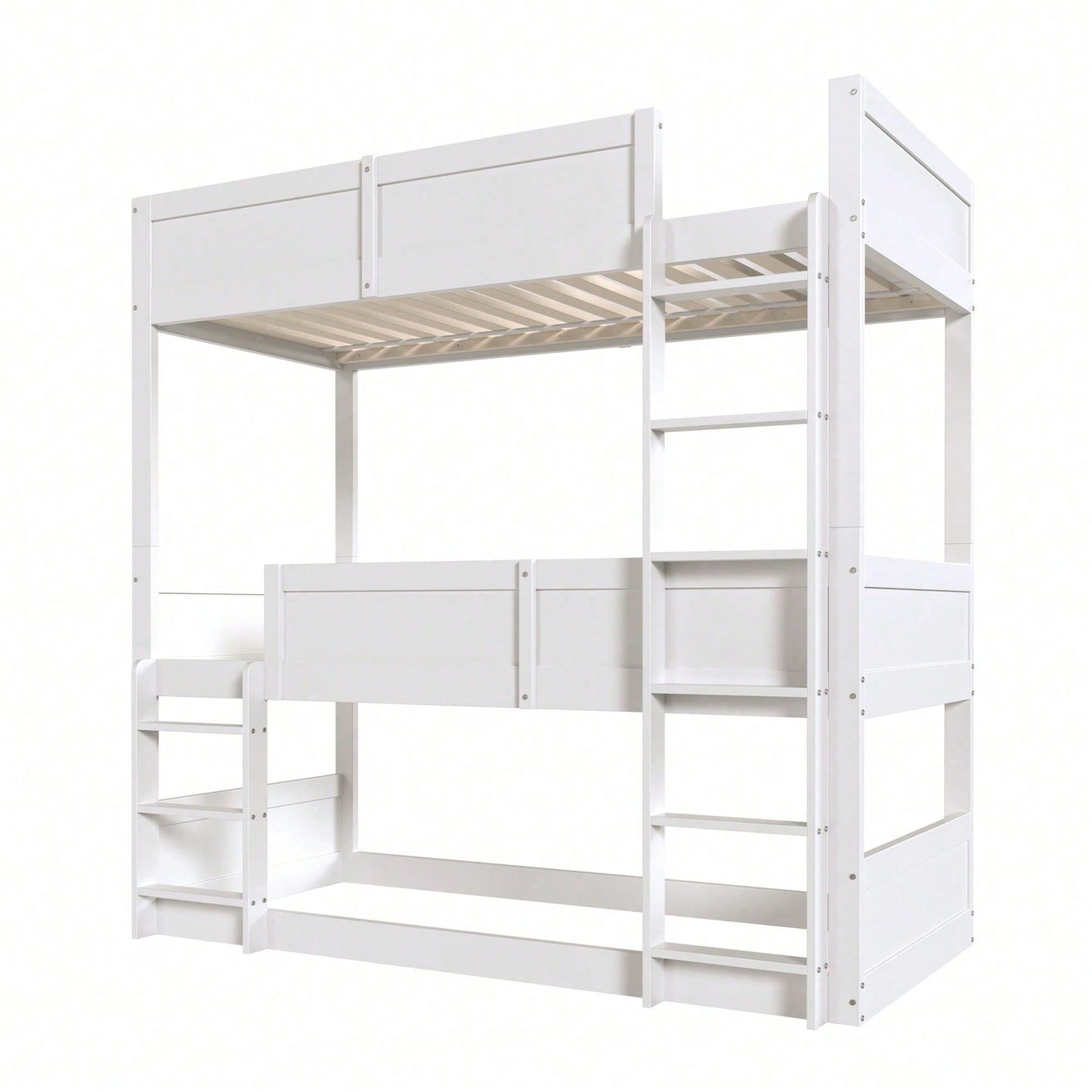 Dreibettzimmerbett 90*200 cm, Massivholzlatten, Hochbett, hohes Zaundesign, Kinderbett, Holzbett, weiß