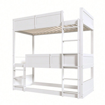 Dreibettzimmerbett 90*200 cm, Massivholzlatten, Hochbett, hohes Zaundesign, Kinderbett, Holzbett, weiß