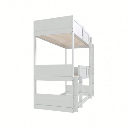 Dreibettzimmerbett 90*200 cm, Massivholzlatten, Hochbett, hohes Zaundesign, Kinderbett, Holzbett, weiß