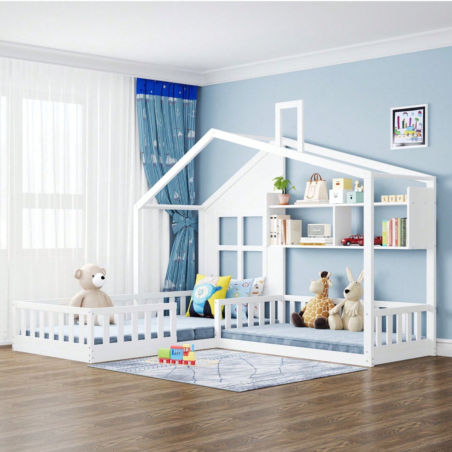 Kinderbett 90x200 cm (140x70 cm) Mit Fenster und Schornstein in Form eines Hauses Mit Regalen, Raumhoher Massivholz-Bettkasten Mit Sicherheitsgitter und Lattenrost, Holzfarbe