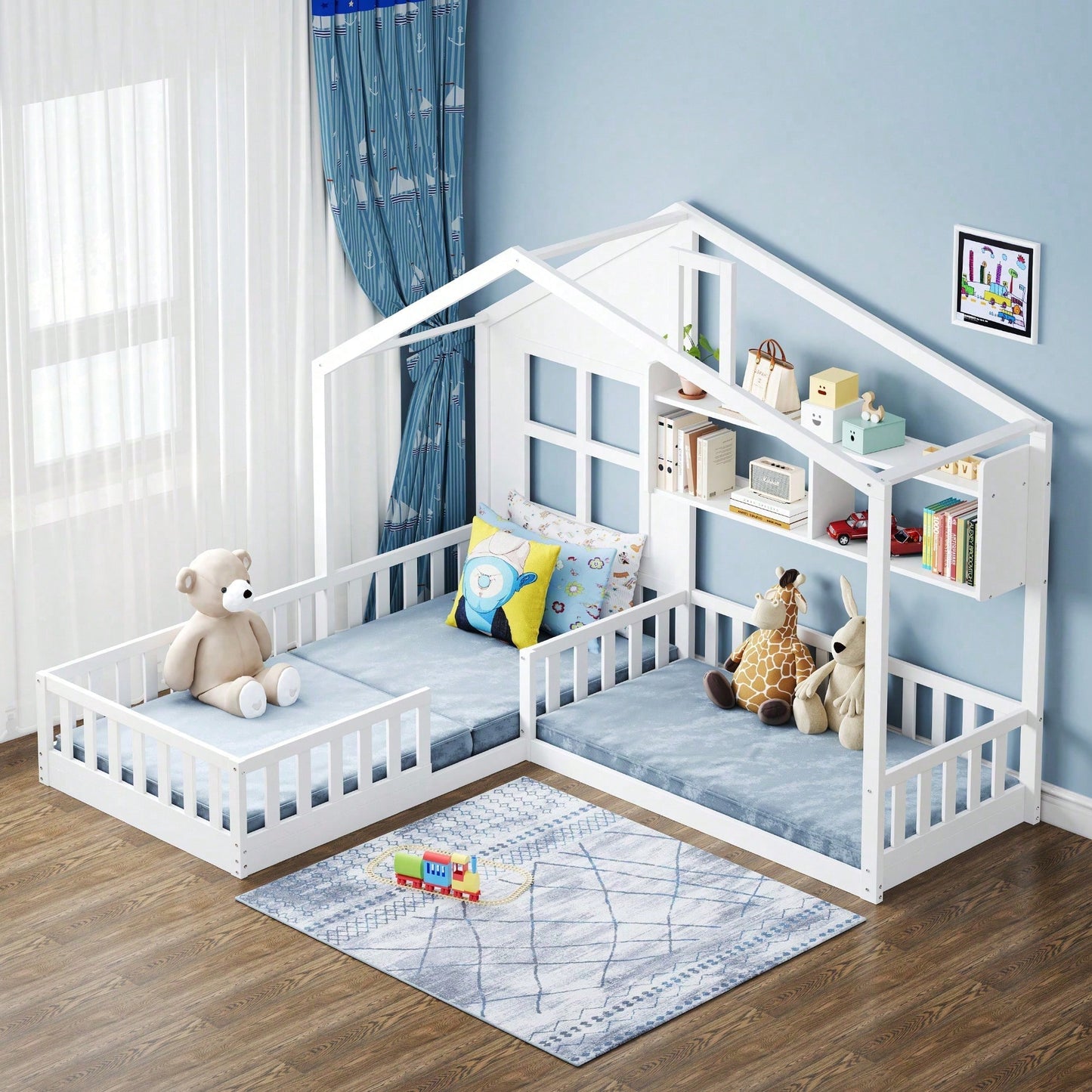 Kinderbett 90x200 cm (140x70 cm) Mit Fenster und Schornstein in Form eines Hauses Mit Regalen, Raumhoher Massivholz-Bettkasten Mit Sicherheitsgitter und Lattenrost, Holzfarbe