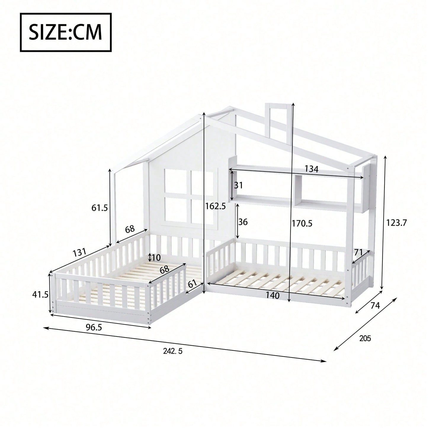 Kinderbett 90x200 cm (140x70 cm) Mit Fenster und Schornstein in Form eines Hauses Mit Regalen, Raumhoher Massivholz-Bettkasten Mit Sicherheitsgitter und Lattenrost, Holzfarbe