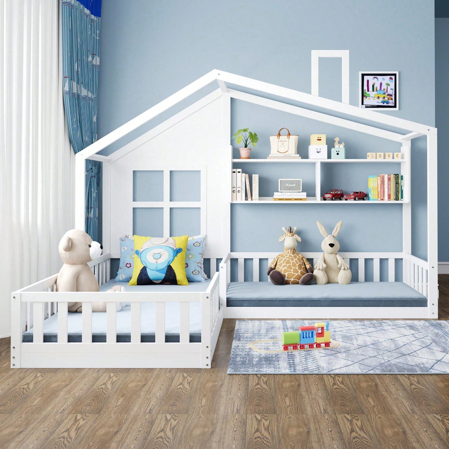 Kinderbett 90x200 cm (140x70 cm) Mit Fenster und Schornstein in Form eines Hauses Mit Regalen, Raumhoher Massivholz-Bettkasten Mit Sicherheitsgitter und Lattenrost, Holzfarbe