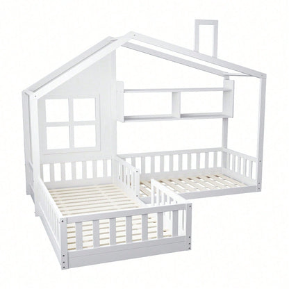 Kinderbett 90x200 cm (140x70 cm) Mit Fenster und Schornstein in Form eines Hauses Mit Regalen, Raumhoher Massivholz-Bettkasten Mit Sicherheitsgitter und Lattenrost, Holzfarbe