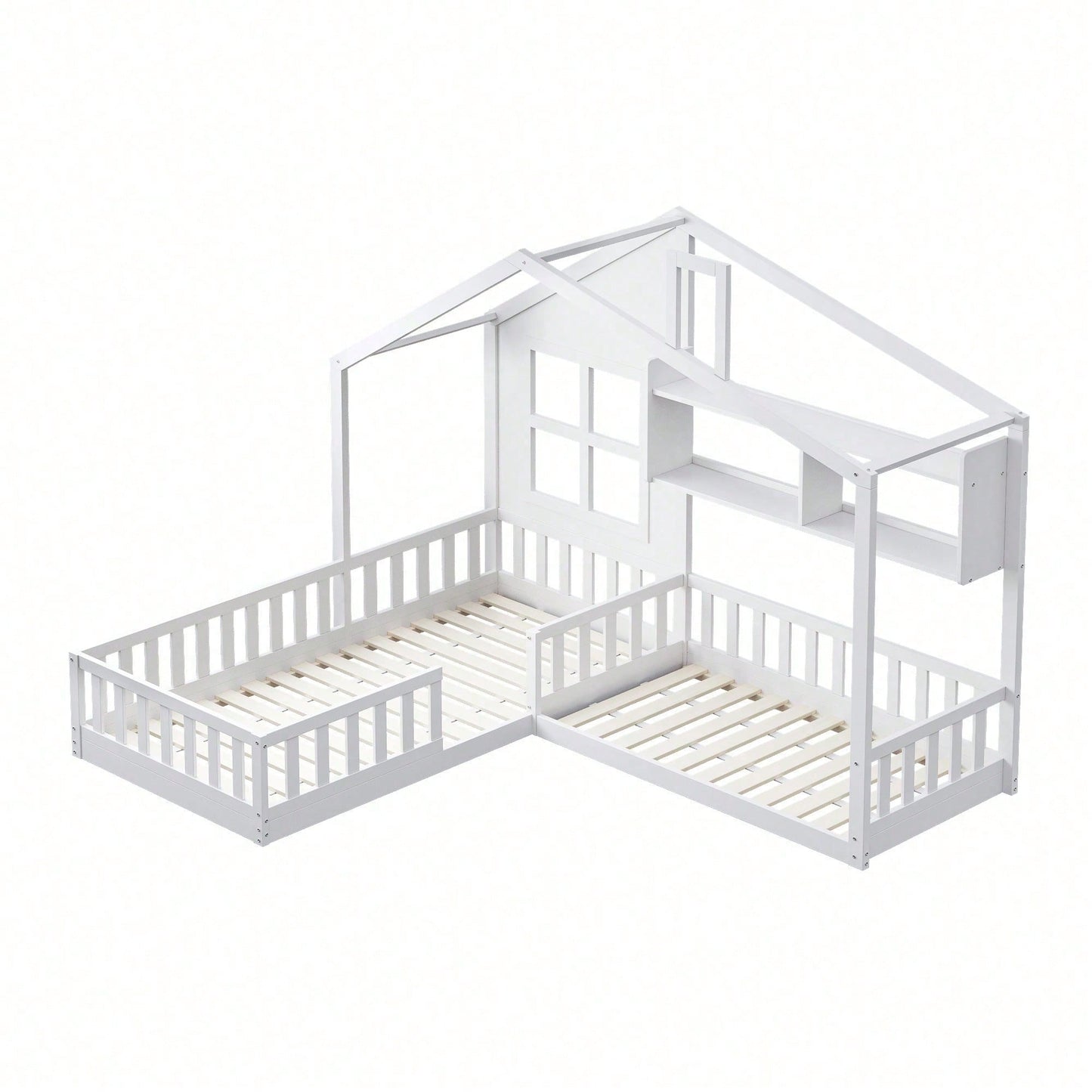 Kinderbett 90x200 cm (140x70 cm) Mit Fenster und Schornstein in Form eines Hauses Mit Regalen, Raumhoher Massivholz-Bettkasten Mit Sicherheitsgitter und Lattenrost, Holzfarbe