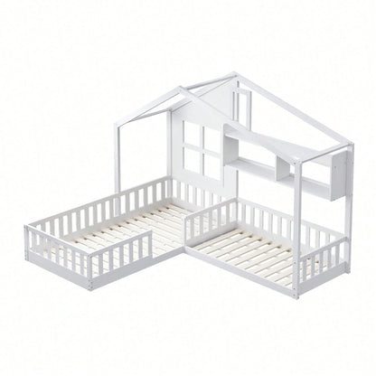Kinderbett 90x200 cm (140x70 cm) Mit Fenster und Schornstein in Form eines Hauses Mit Regalen, Raumhoher Massivholz-Bettkasten Mit Sicherheitsgitter und Lattenrost, Holzfarbe