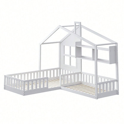 Kinderbett 90x200 cm (140x70 cm) Mit Fenster und Schornstein in Form eines Hauses Mit Regalen, Raumhoher Massivholz-Bettkasten Mit Sicherheitsgitter und Lattenrost, Holzfarbe