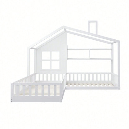 Kinderbett 90x200 cm (140x70 cm) Mit Fenster und Schornstein in Form eines Hauses Mit Regalen, Raumhoher Massivholz-Bettkasten Mit Sicherheitsgitter und Lattenrost, Holzfarbe