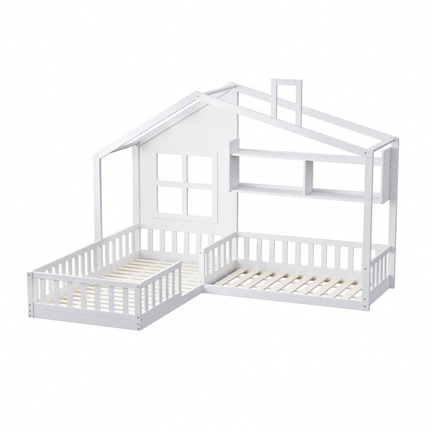 Kinderbett 90x200 cm (140x70 cm) Mit Fenster und Schornstein in Form eines Hauses Mit Regalen, Raumhoher Massivholz-Bettkasten Mit Sicherheitsgitter und Lattenrost, Holzfarbe