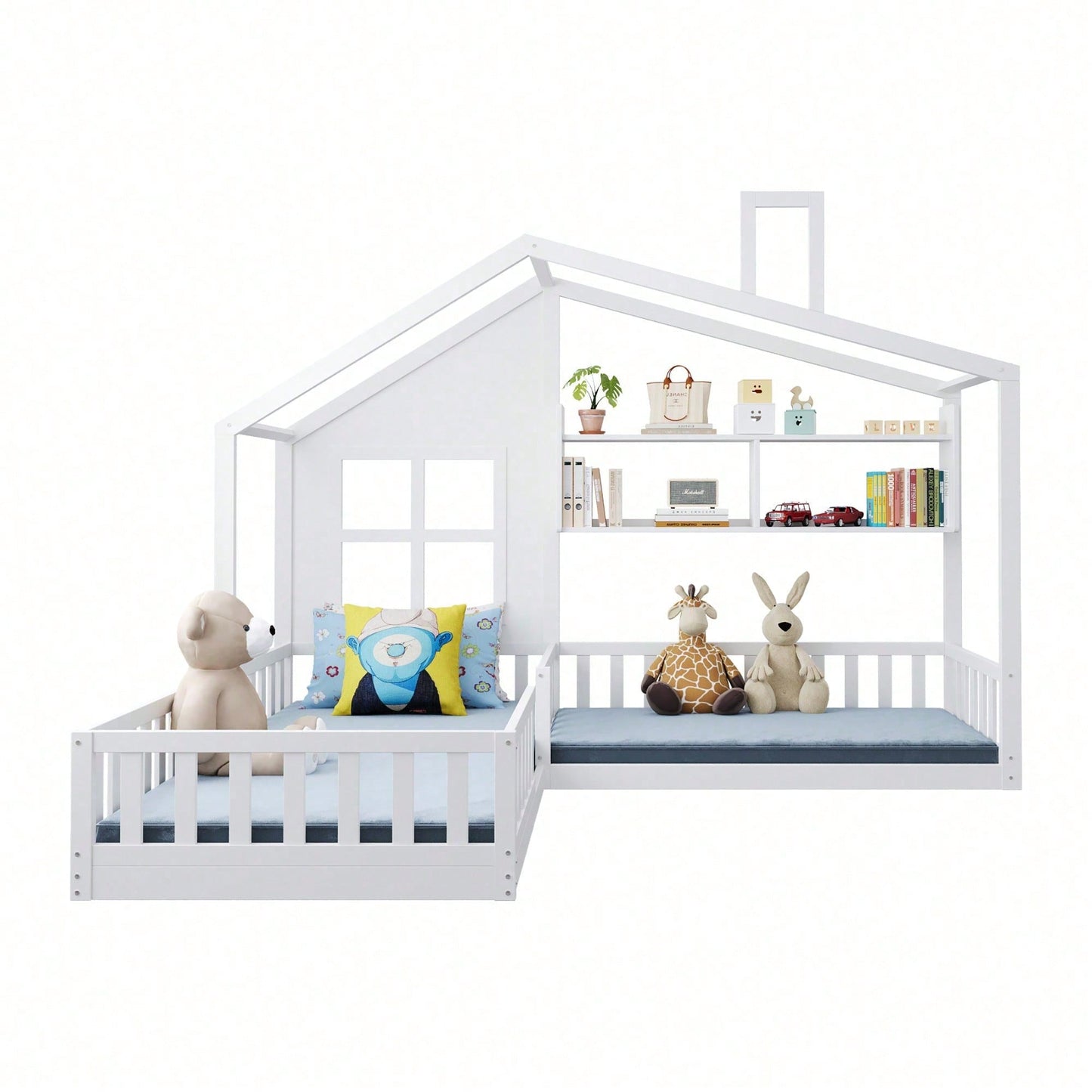 Kinderbett 90x200 cm (140x70 cm) Mit Fenster und Schornstein in Form eines Hauses Mit Regalen, Raumhoher Massivholz-Bettkasten Mit Sicherheitsgitter und Lattenrost, Holzfarbe