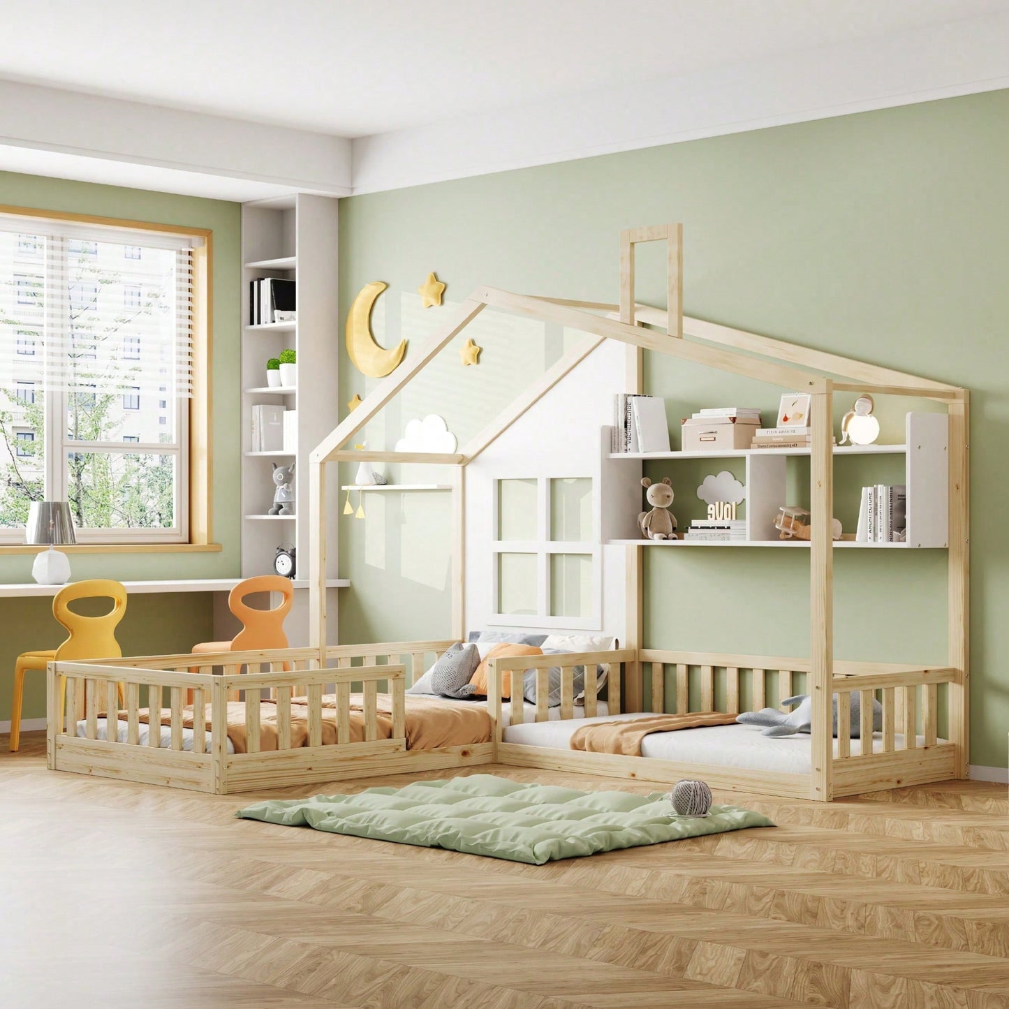 Kinderbett 90x200 cm (140x70 cm) Mit Fenster und Schornstein in Form eines Hauses Mit Regalen, Raumhoher Massivholz-Bettkasten Mit Sicherheitsgitter und Lattenrost, Holzfarbe