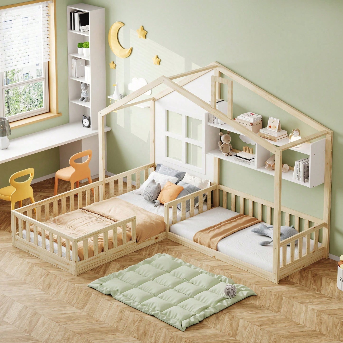 Kinderbett 90x200 cm (140x70 cm) Mit Fenster und Schornstein in Form eines Hauses Mit Regalen, Raumhoher Massivholz-Bettkasten Mit Sicherheitsgitter und Lattenrost, Holzfarbe