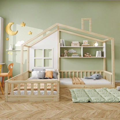 Kinderbett 90x200 cm (140x70 cm) Mit Fenster und Schornstein in Form eines Hauses Mit Regalen, Raumhoher Massivholz-Bettkasten Mit Sicherheitsgitter und Lattenrost, Holzfarbe
