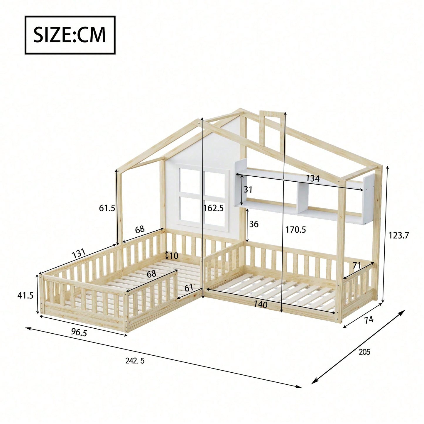 Kinderbett 90x200 cm (140x70 cm) Mit Fenster und Schornstein in Form eines Hauses Mit Regalen, Raumhoher Massivholz-Bettkasten Mit Sicherheitsgitter und Lattenrost, Holzfarbe