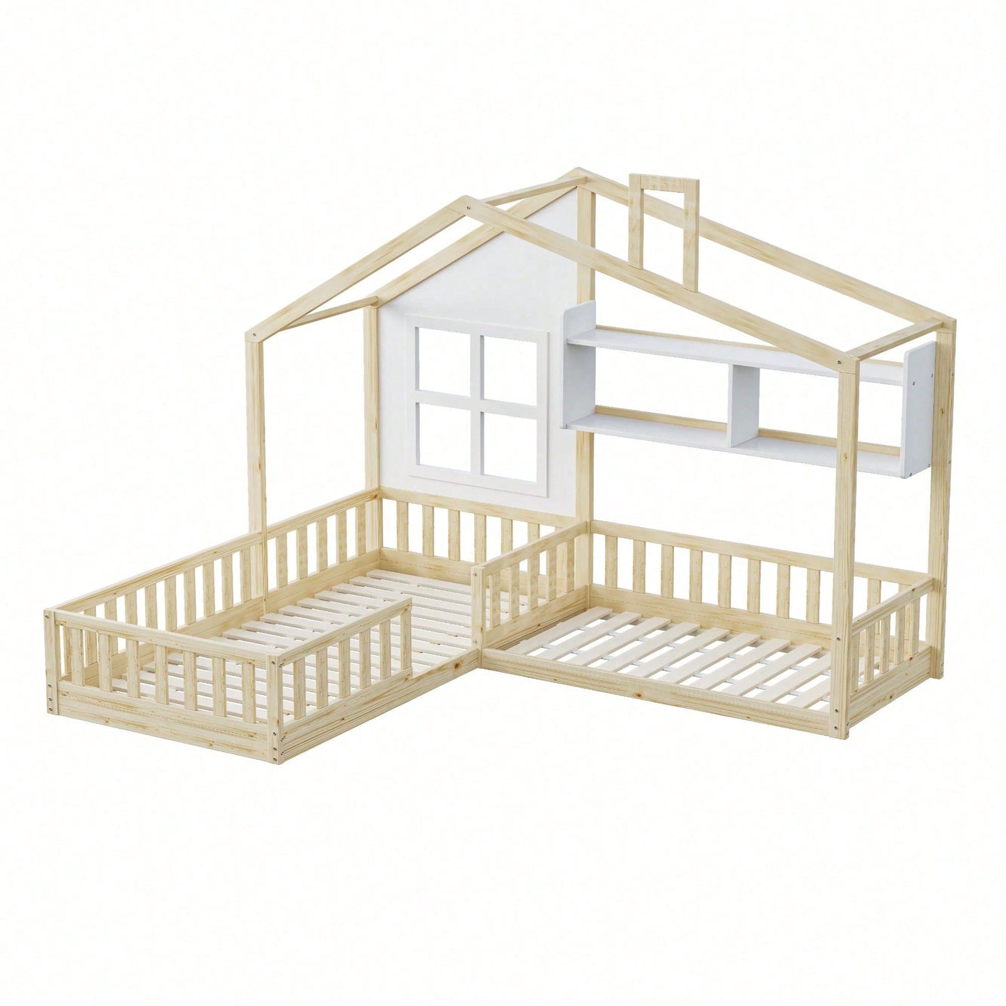 Kinderbett 90x200 cm (140x70 cm) Mit Fenster und Schornstein in Form eines Hauses Mit Regalen, Raumhoher Massivholz-Bettkasten Mit Sicherheitsgitter und Lattenrost, Holzfarbe