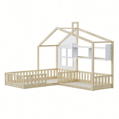 Kinderbett 90x200 cm (140x70 cm) Mit Fenster und Schornstein in Form eines Hauses Mit Regalen, Raumhoher Massivholz-Bettkasten Mit Sicherheitsgitter und Lattenrost, Holzfarbe