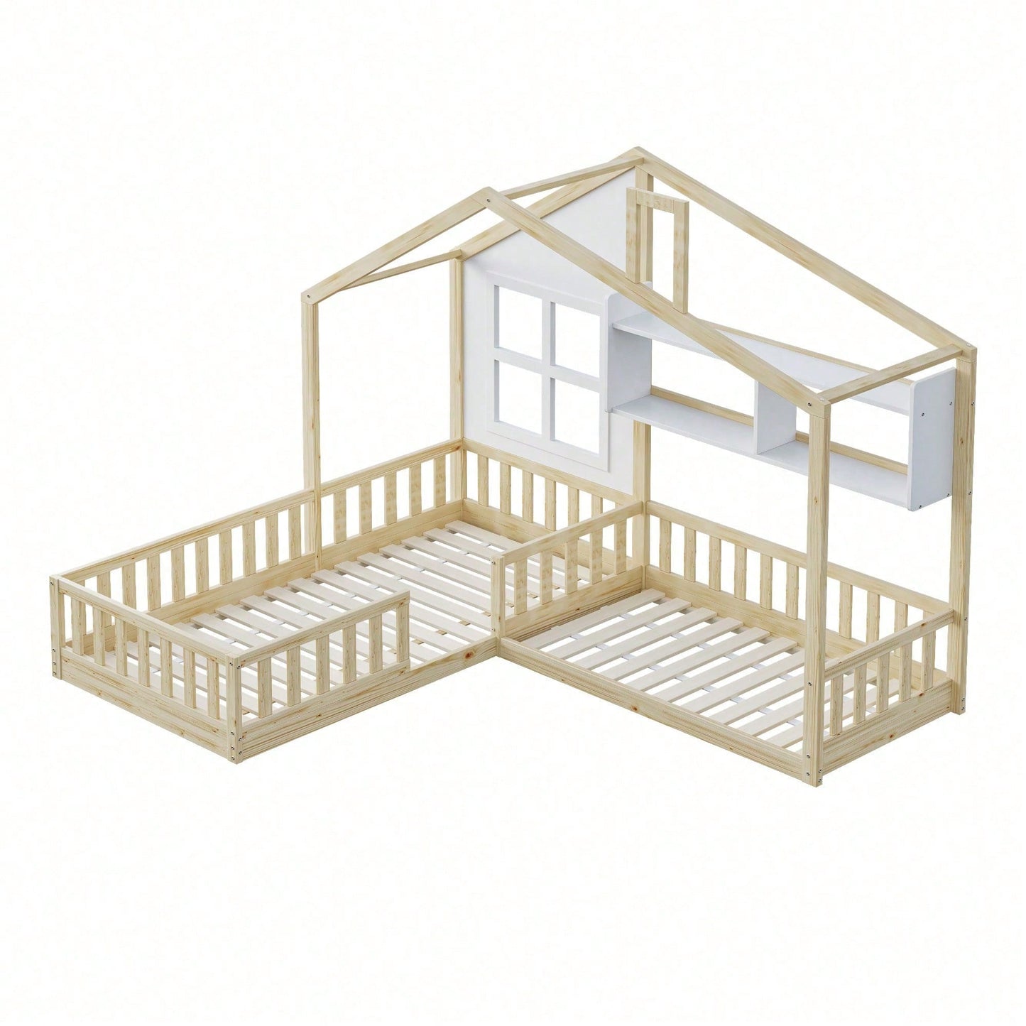 Kinderbett 90x200 cm (140x70 cm) Mit Fenster und Schornstein in Form eines Hauses Mit Regalen, Raumhoher Massivholz-Bettkasten Mit Sicherheitsgitter und Lattenrost, Holzfarbe