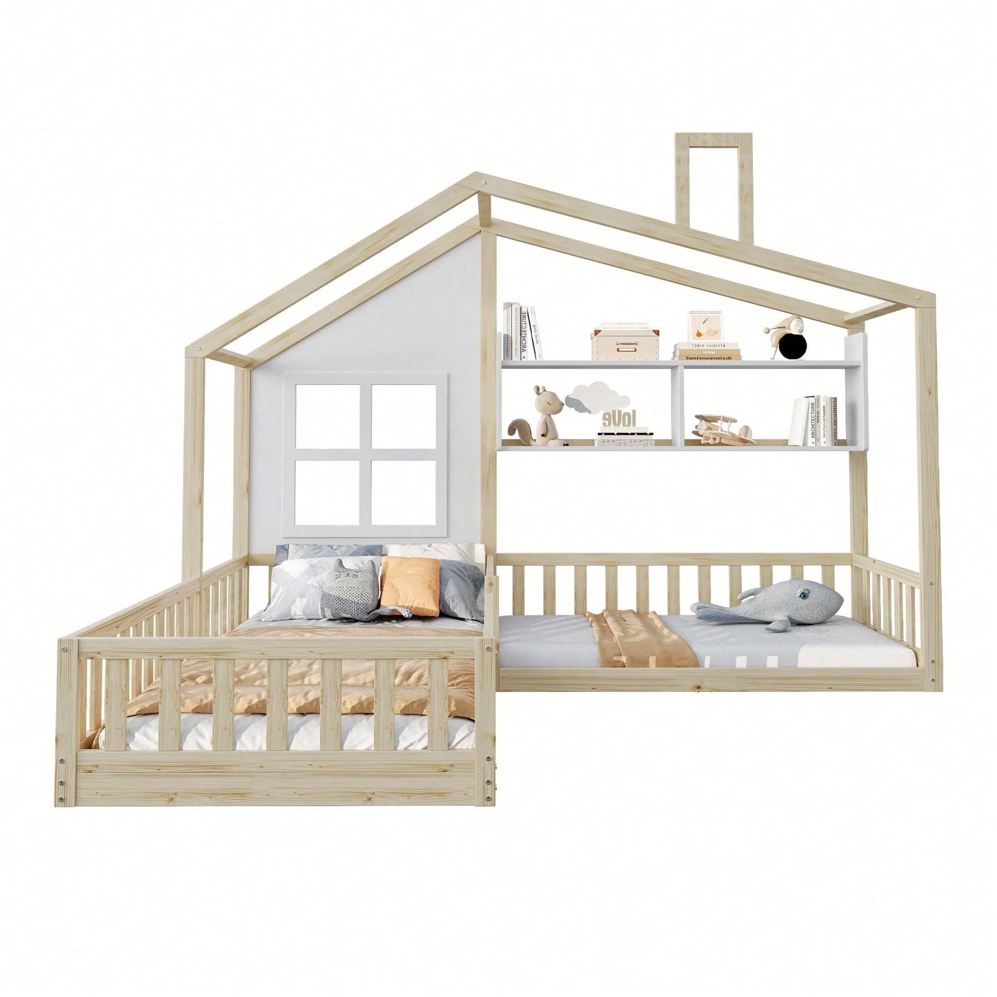 Kinderbett 90x200 cm (140x70 cm) Mit Fenster und Schornstein in Form eines Hauses Mit Regalen, Raumhoher Massivholz-Bettkasten Mit Sicherheitsgitter und Lattenrost, Holzfarbe