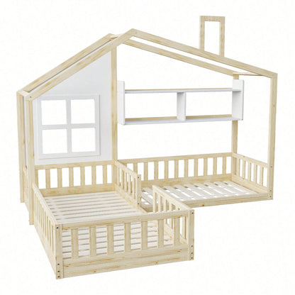 Kinderbett 90x200 cm (140x70 cm) Mit Fenster und Schornstein in Form eines Hauses Mit Regalen, Raumhoher Massivholz-Bettkasten Mit Sicherheitsgitter und Lattenrost, Holzfarbe