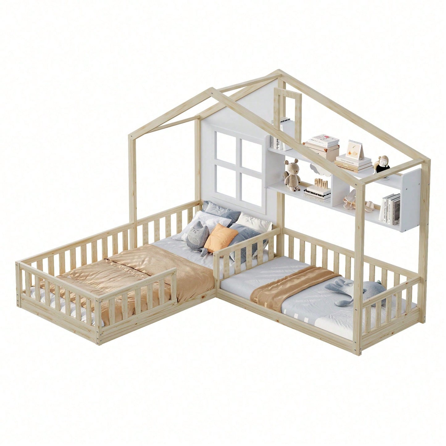 Kinderbett 90x200 cm (140x70 cm) Mit Fenster und Schornstein in Form eines Hauses Mit Regalen, Raumhoher Massivholz-Bettkasten Mit Sicherheitsgitter und Lattenrost, Holzfarbe