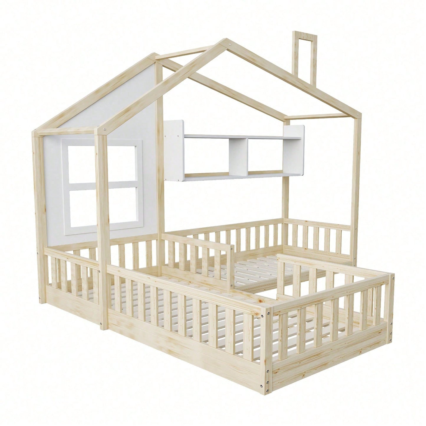 Kinderbett 90x200 cm (140x70 cm) Mit Fenster und Schornstein in Form eines Hauses Mit Regalen, Raumhoher Massivholz-Bettkasten Mit Sicherheitsgitter und Lattenrost, Holzfarbe
