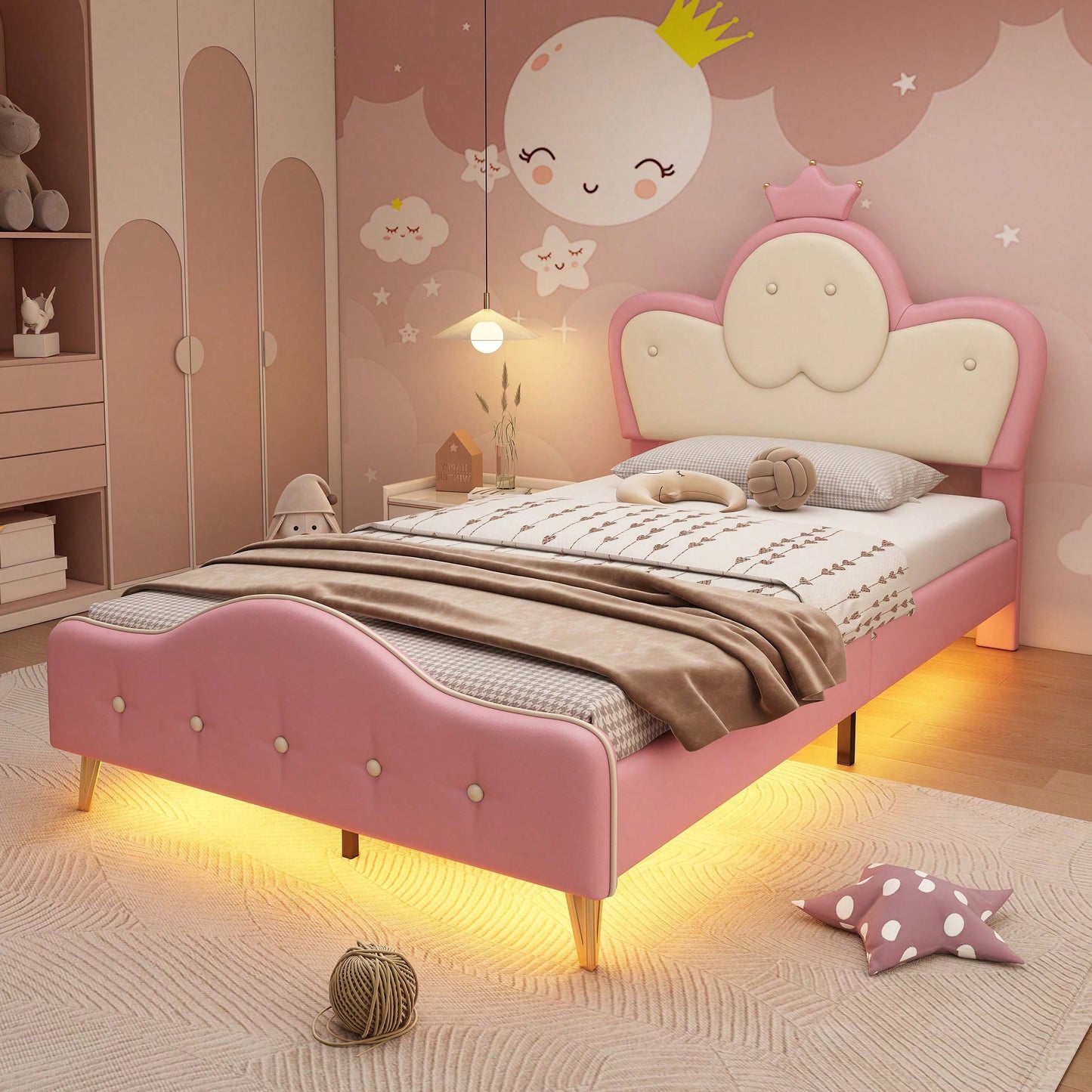 Polsterbett, Kinderbett, mit weichen Schutzkanten, Monochromer LED-Streifen, Kopfteil mit Krone, ohne Matratze, Bettfüße aus Metall, Wellenform mit Zugpunkt am Kopfende des Bettes, Einzelbett, PU, Rosa+Weiß,90x200CM