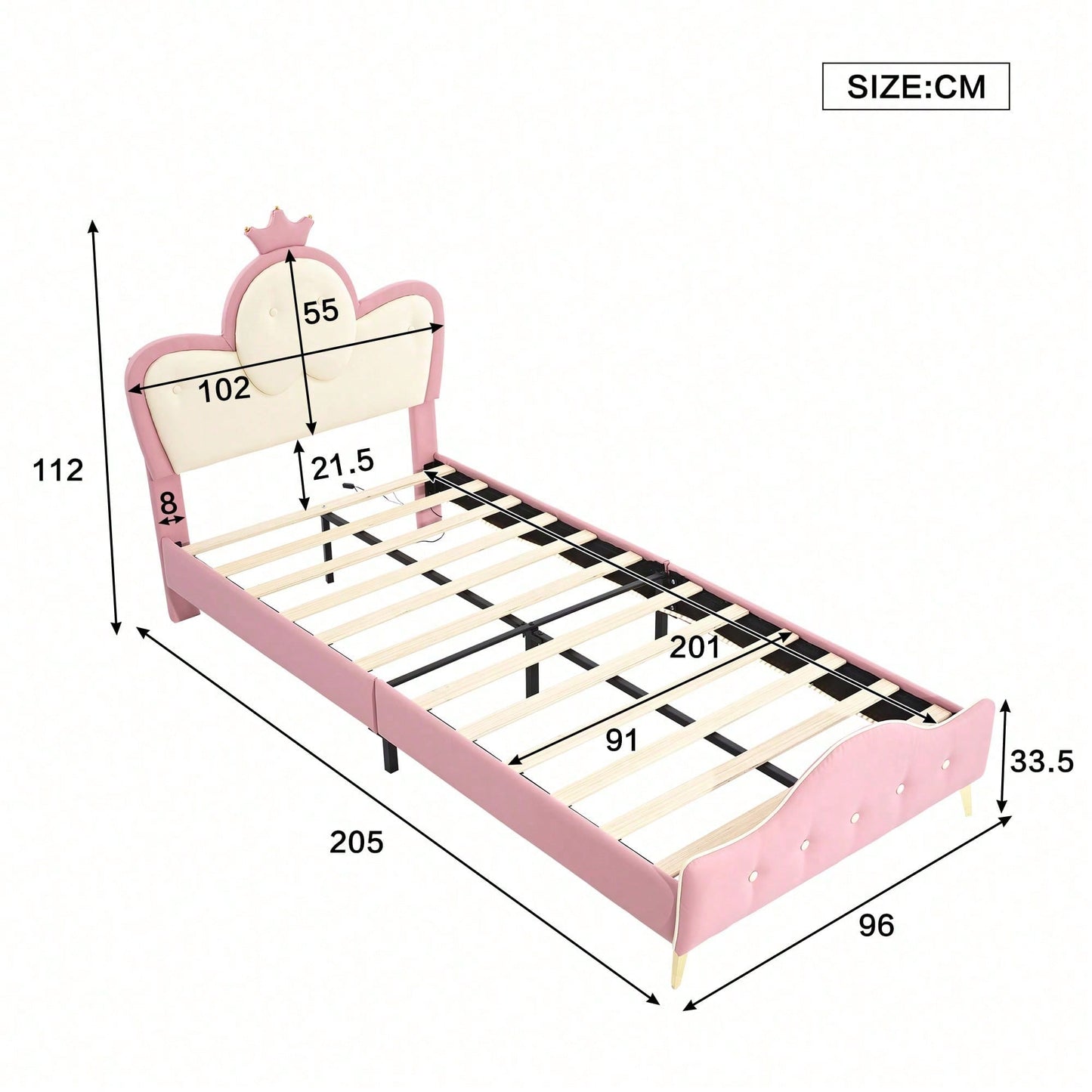 Polsterbett, Kinderbett, mit weichen Schutzkanten, Monochromer LED-Streifen, Kopfteil mit Krone, ohne Matratze, Bettfüße aus Metall, Wellenform mit Zugpunkt am Kopfende des Bettes, Einzelbett, PU, Rosa+Weiß,90x200CM