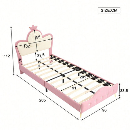 Polsterbett, Kinderbett, mit weichen Schutzkanten, Monochromer LED-Streifen, Kopfteil mit Krone, ohne Matratze, Bettfüße aus Metall, Wellenform mit Zugpunkt am Kopfende des Bettes, Einzelbett, PU, Rosa+Weiß,90x200CM