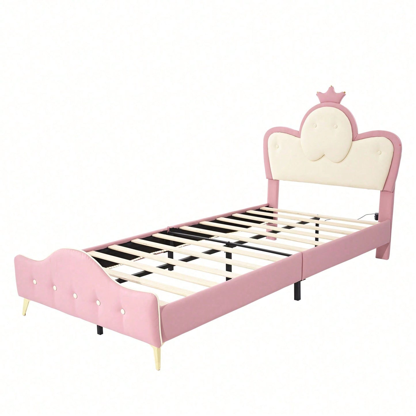 Polsterbett, Kinderbett, mit weichen Schutzkanten, Monochromer LED-Streifen, Kopfteil mit Krone, ohne Matratze, Bettfüße aus Metall, Wellenform mit Zugpunkt am Kopfende des Bettes, Einzelbett, PU, Rosa+Weiß,90x200CM