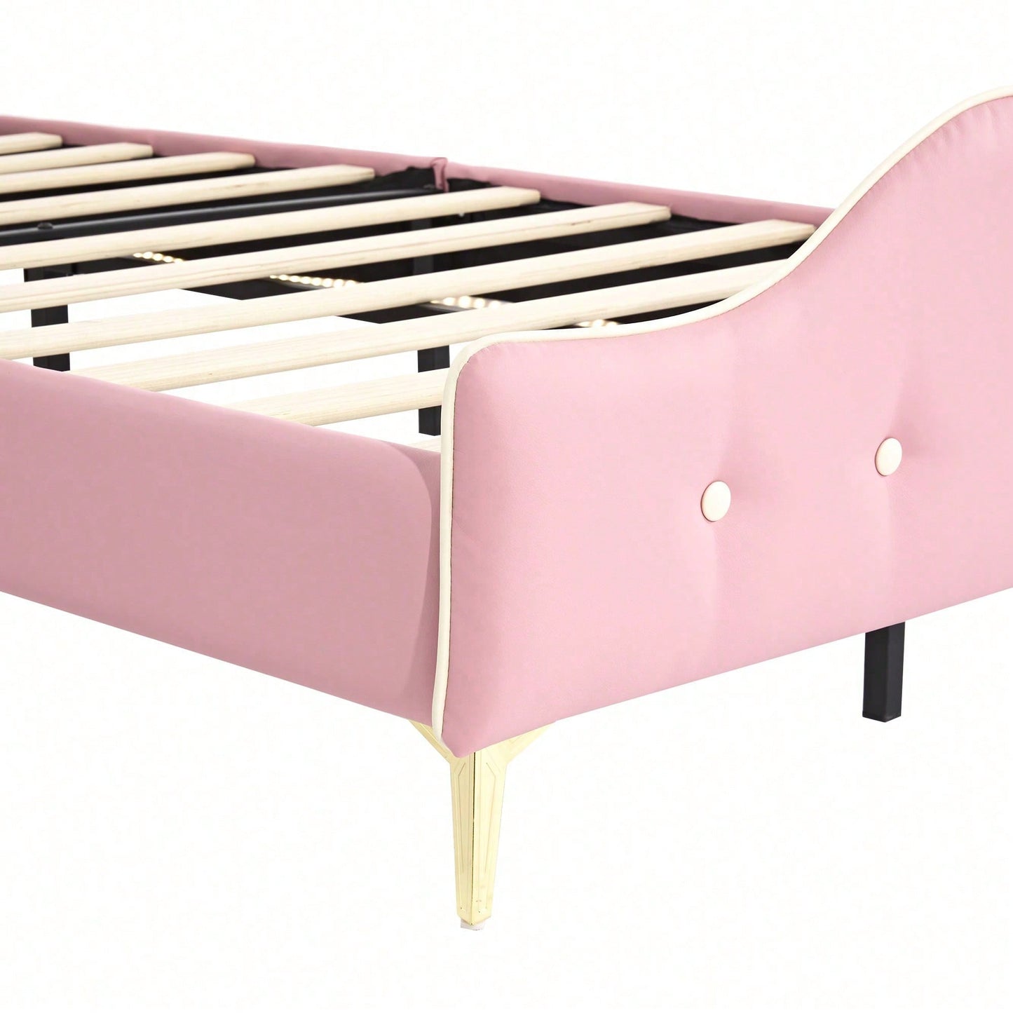 Polsterbett, Kinderbett, mit weichen Schutzkanten, Monochromer LED-Streifen, Kopfteil mit Krone, ohne Matratze, Bettfüße aus Metall, Wellenform mit Zugpunkt am Kopfende des Bettes, Einzelbett, PU, Rosa+Weiß,90x200CM