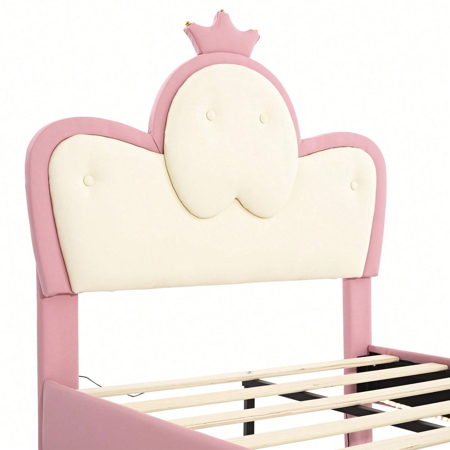 Polsterbett, Kinderbett, mit weichen Schutzkanten, Monochromer LED-Streifen, Kopfteil mit Krone, ohne Matratze, Bettfüße aus Metall, Wellenform mit Zugpunkt am Kopfende des Bettes, Einzelbett, PU, Rosa+Weiß,90x200CM