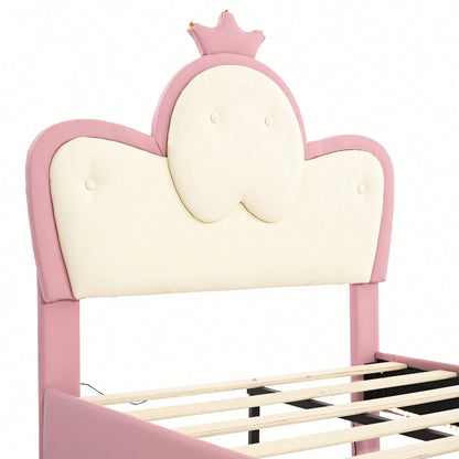 Polsterbett, Kinderbett, mit weichen Schutzkanten, Monochromer LED-Streifen, Kopfteil mit Krone, ohne Matratze, Bettfüße aus Metall, Wellenform mit Zugpunkt am Kopfende des Bettes, Einzelbett, PU, Rosa+Weiß,90x200CM
