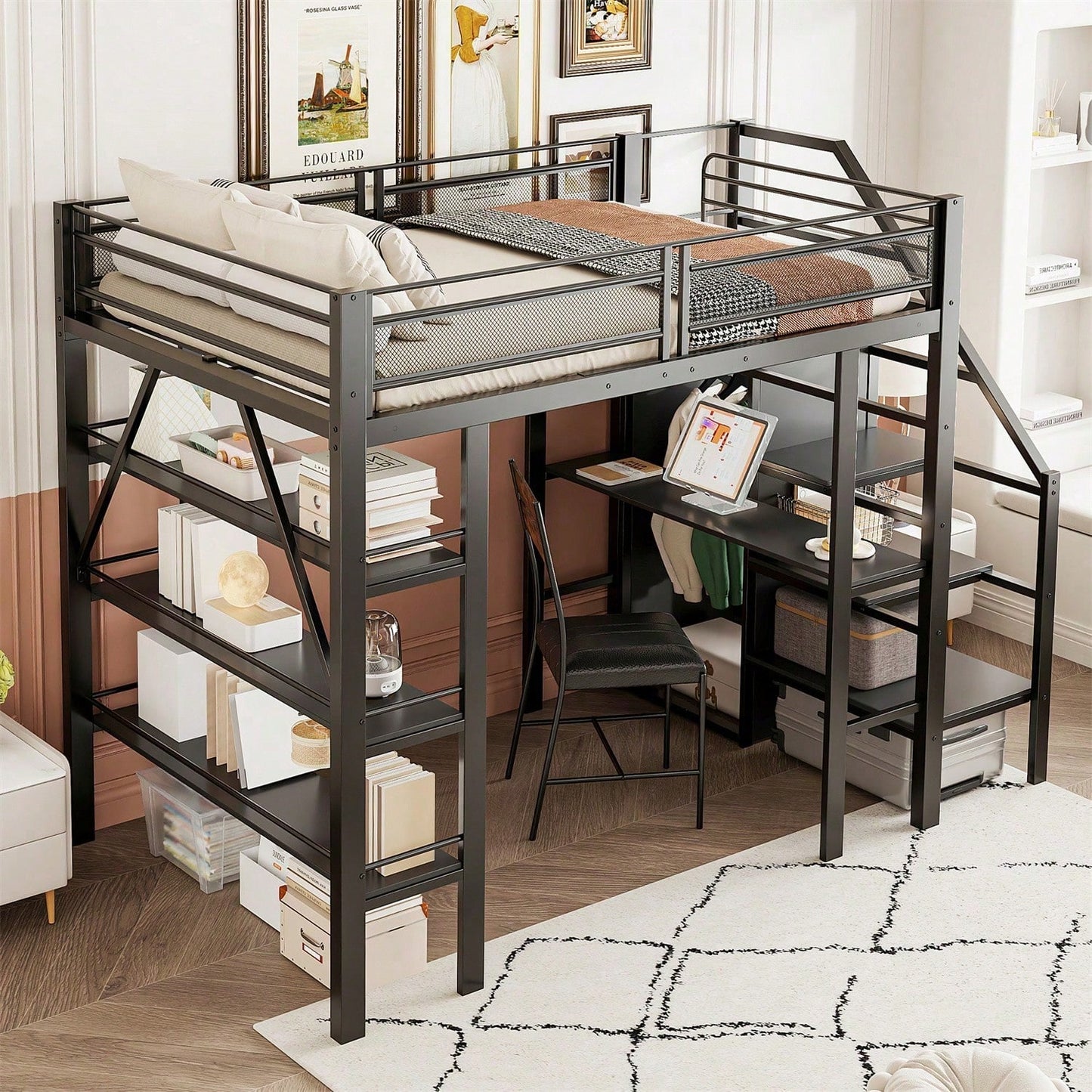 Hochbett 140*200cm, dreilagiges Ablageregal, Schreibtisch, Kleiderschrank, Sicherheitsstufen mit Ablagefach, hohes Zaundesign, Eisenbett, Einzelbett, Weiß