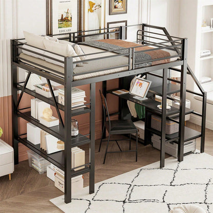 Hochbett 140*200cm, dreilagiges Ablageregal, Schreibtisch, Kleiderschrank, Sicherheitsstufen mit Ablagefach, hohes Zaundesign, Eisenbett, Einzelbett, Weiß