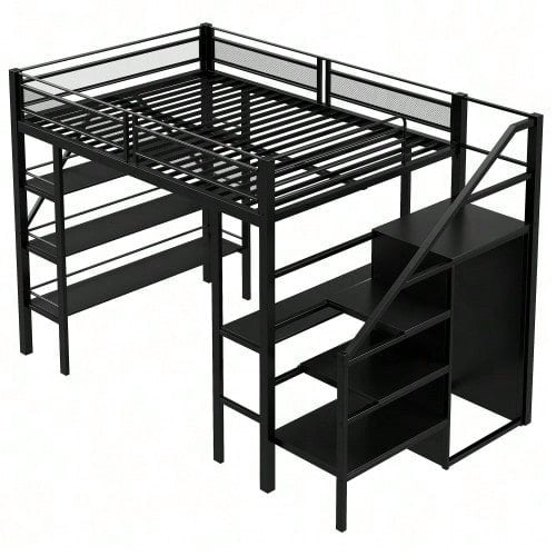 Hochbett 140*200cm, dreilagiges Ablageregal, Schreibtisch, Kleiderschrank, Sicherheitsstufen mit Ablagefach, hohes Zaundesign, Eisenbett, Einzelbett, Weiß