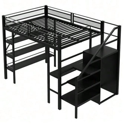 Hochbett 140*200cm, dreilagiges Ablageregal, Schreibtisch, Kleiderschrank, Sicherheitsstufen mit Ablagefach, hohes Zaundesign, Eisenbett, Einzelbett, Weiß