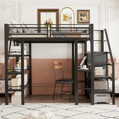 Hochbett 140*200cm, dreilagiges Ablageregal, Schreibtisch, Kleiderschrank, Sicherheitsstufen mit Ablagefach, hohes Zaundesign, Eisenbett, Einzelbett, Weiß