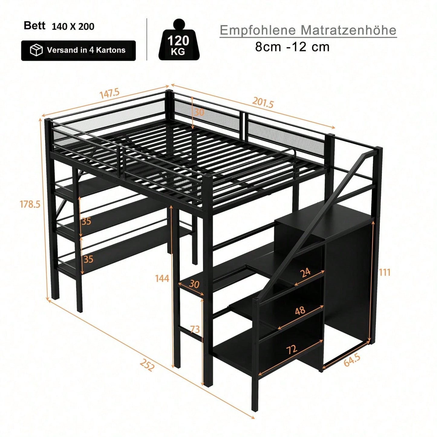Hochbett 140*200cm, dreilagiges Ablageregal, Schreibtisch, Kleiderschrank, Sicherheitsstufen mit Ablagefach, hohes Zaundesign, Eisenbett, Einzelbett, Weiß