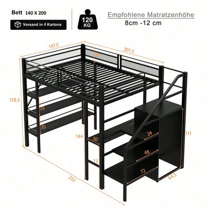 Hochbett 140*200cm, dreilagiges Ablageregal, Schreibtisch, Kleiderschrank, Sicherheitsstufen mit Ablagefach, hohes Zaundesign, Eisenbett, Einzelbett, Weiß