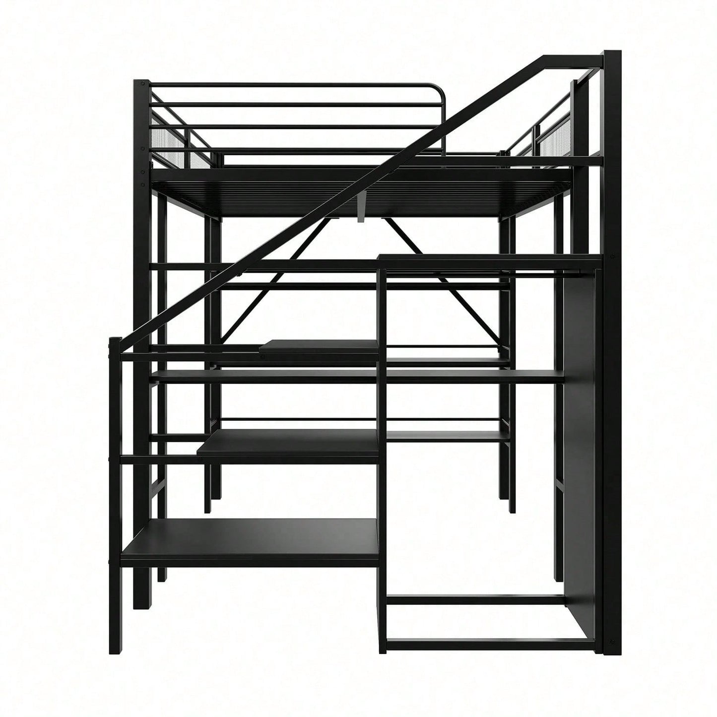 Hochbett 140*200cm, dreilagiges Ablageregal, Schreibtisch, Kleiderschrank, Sicherheitsstufen mit Ablagefach, hohes Zaundesign, Eisenbett, Einzelbett, Weiß